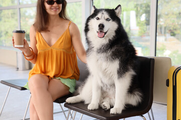 Pet friendly travel and companionship, woman with husky dog waiting at airport terminal with coffee cup and luggage for vacation and holiday trip © Pixel-Shot