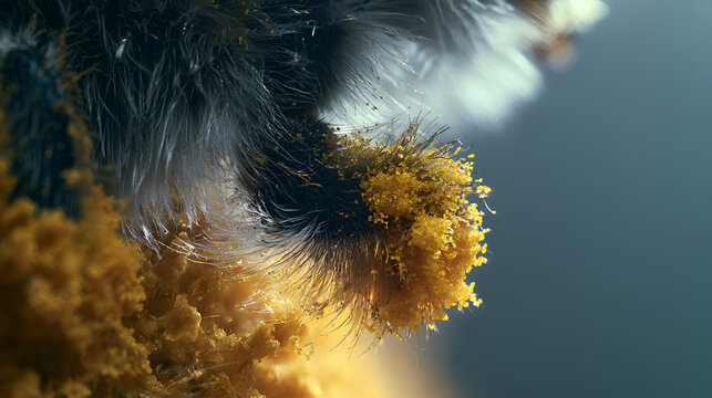 Honeybee Leg Dusted With Pollen In Vivid Magnified Detail, Dramatic Side Lighting With Deep Shadows, Macro Lens, Fine Detail, Cool Muted Blue-Gray Palette, Photorealistic, Ultra-Detailed