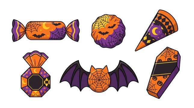 Halloween candy and treat icon set. Featuring wrapped candies bat witch hat and coffin box. Orange and purple spooky vector graphics for seasonal holiday party invitations and web design
