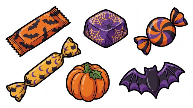 Halloween candy and festive treats solid icon set containing icons for wrapped candy chocolate pumpkin and bat for holiday party decoration and autumn event celebration designs