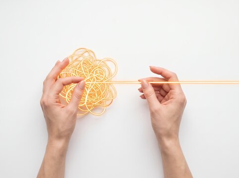 Hands untangling a glowing golden knot to create a straight line of light on white