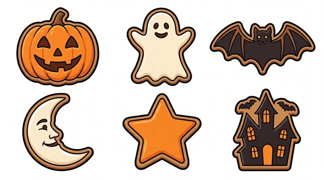 Halloween gingerbread cookies vector set containing icons for Pumpkin Ghost Bat Crescent Moon Star and Haunted House for autumn seasonal celebration party and holiday greeting card designs