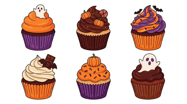 Halloween cupcake collection containing ghost pumpkin chocolate bat sprinkles and witch hat toppings. Festive dessert vector illustrations for seasonal party invitations and bakery projects