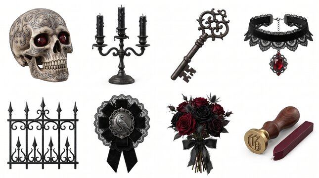 Detailed gothic skull and vintage key ornaments for dark aesthetic jewelry design.