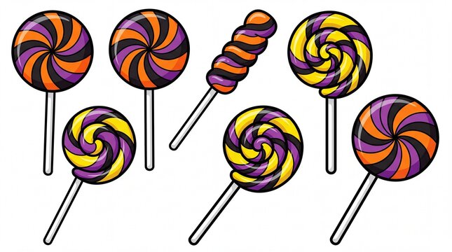 Halloween lollipop collection vector illustration. Featuring purple orange and yellow swirled hard candies on sticks. Spooky sweet treats graphic elements for seasonal party design projects