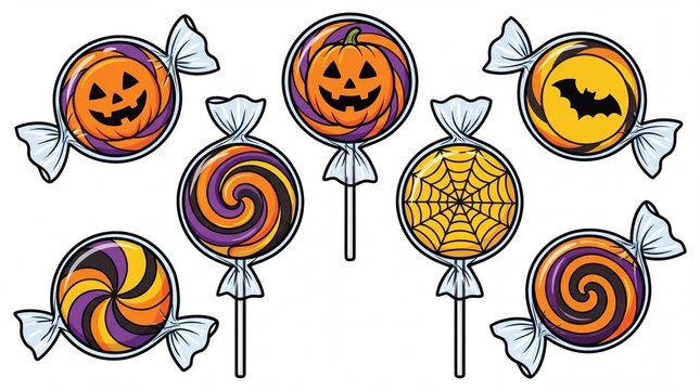 Halloween candy lollipops vector illustration. Featuring carved jack o lantern pumpkin spooky bat spider web and colorful purple and orange swirls. Spooky treats for holiday party decor