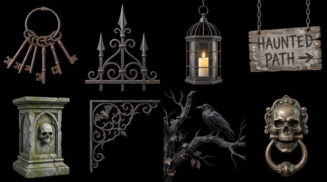 Iron gate metal elements and haunted path signage for scary exterior garden themes.