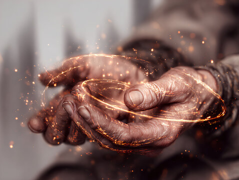 Tightly cropped image of a wrinkled but graceful hand with glowing runes forming from the fingertips, magic particles arcing outward in vibrant contrast over white.