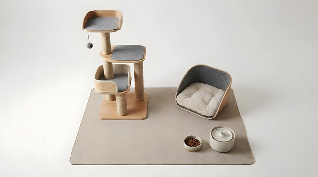 Modern cat tree and pet furniture setup.
