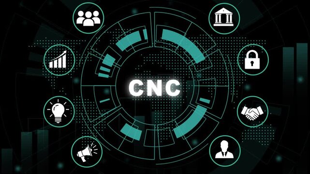 Advanced cnc machining technology concept featuring digital hud interface with industrial manufacturing automated production systems, precision engineering and modern smart factory automation