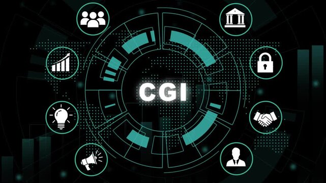 Advanced cgi technology concept featuring futuristic digital hud interface with animated business global data network connectivity, cyber security symbols, and corporate growth analytics visualization