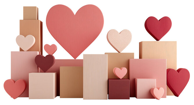 Collection of pink and beige blocks with heart silhouettes creates balanced and harmonious composition. arrangement evokes feelings of love and warmth., isolated