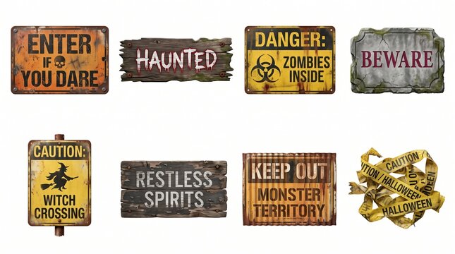 Set of weathered halloween themed metal signs and wooden boards with spooky text.