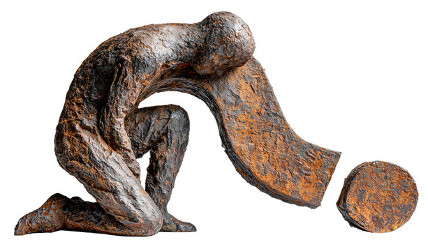 Rusted iron sculpture depicts kneeling figure intertwined with large question mark, symbolizing doubt and introspection., isolated