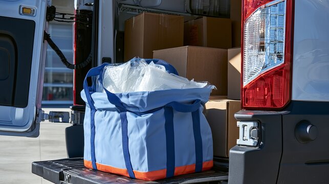 Blue tote bag overflowing with fluffy towels sits on a vehicle, showing logistics and delivery services concept