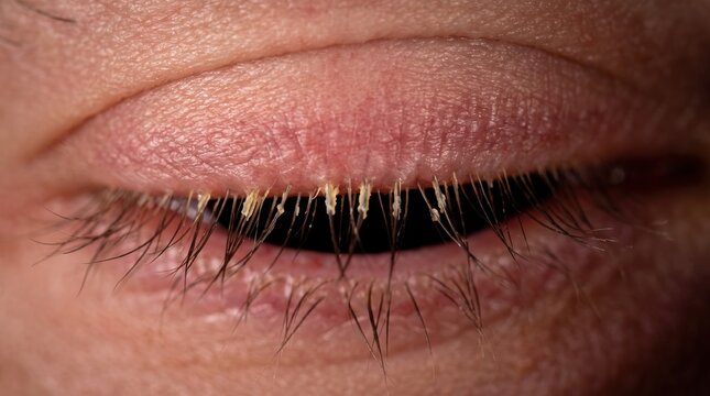 Extreme macro shot of eyelash dandruff and blepharitis flakes