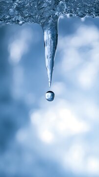Water drop falling from melting icicle on blue glacier ice