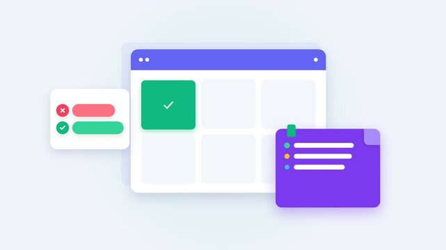 Dynamic 2D motion graphics animation of an agile project management board featuring interactive task grid cards, a dedicated white floating card backing the status indicators on the left, folded note