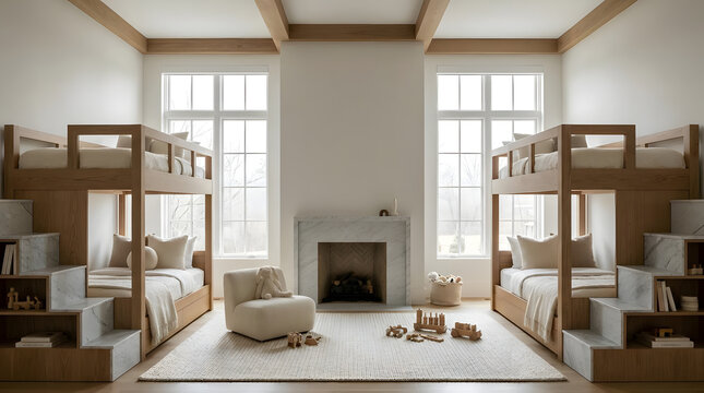 Modern children's bedroom with wooden bunk beds.