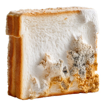 Slice of white sandwich bread with thick layer of mold colonizing one corner, showing various colors and textures., isolated
