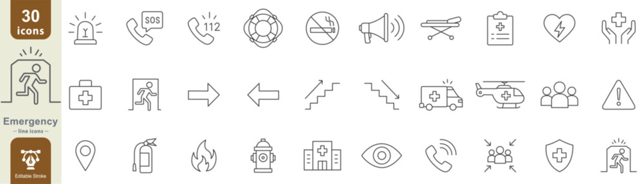 Emergency line icon set with 30 editable symbols for rescue, medical care, evacuation, fire safety, alerts, and protection