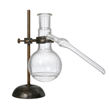 Vintage alchemy distillation flask with brass stand and glass tube isolated on transparent background PNG element