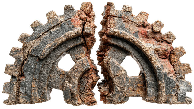 Massive abstract gear with visible clean break line rendered in rusted iron texture symbolizes failure and breakdown., isolated
