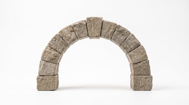 Stone arch structure with central keystone, compression load physics concept