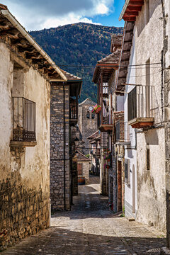 Old town of the beautiful village Anso, Pyrenees region, Huesca, Aragon, Spain.