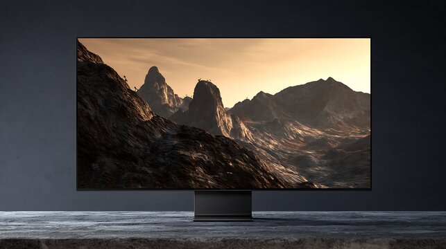 Flat screen computer monitor displaying a rocky mountain landscape at sunset, set on a textured stone surface against a dark grey wall