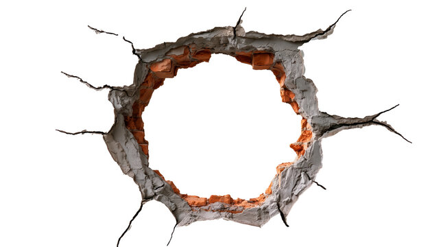 Isolated cracked wall hole on white background with clipping path showing exposed brick and jagged damage