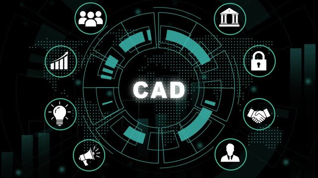 Dynamic cad software interface animation featuring rotating digital hud global business and futuristic data visualization for engineering, architectural and industrial technology projects