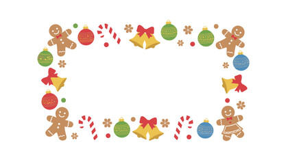 Fototapeta premium Festive Christmas border frame composed of cute gingerbread cookies, golden bells, red candy canes, and colorful ornaments.