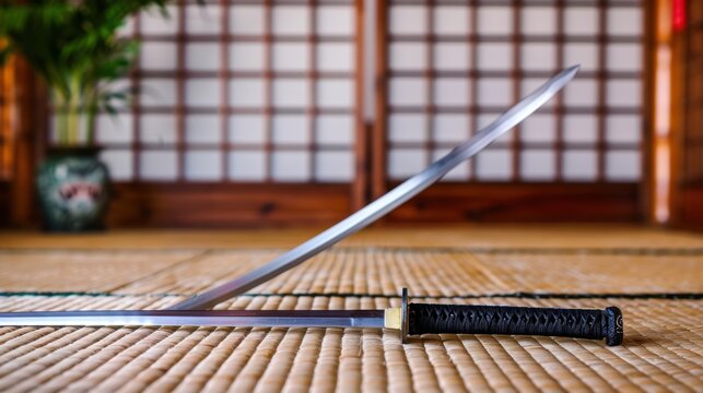 Traditional Japanese Katana Blade Resting on Tatami Mat in Serene Interior Setting