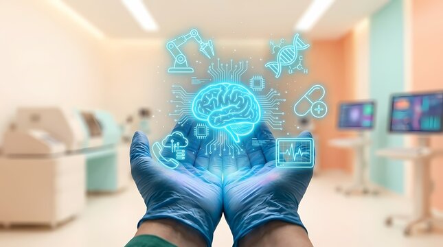 Doctor holding a glowing digital brain interface with medical technology icons