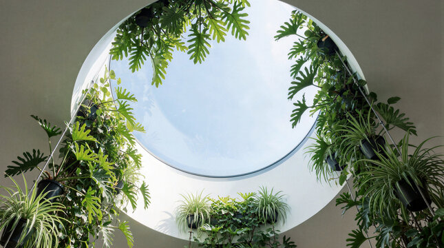 Architectural skylight well features a 2m diameter circular opening and 3m deep white plaster shaft decorated with stainless elements and lush green plants