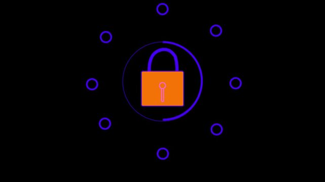Padlock illustration featuring an orange core surrounded by a pulsating purple circle indicates an active security encryption process working to safeguard digital assets within a networked.