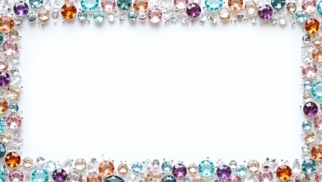Sparkling colorful faceted gemstones creating a vibrant decorative border on a white background, offering versatile blank space for content