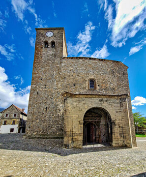 Saint Peter church in the beautiful village Anso, Pyrenees region, Huesca, Aragon, Spain.