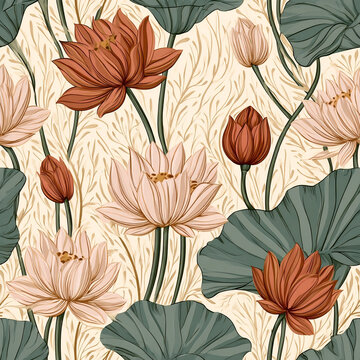 Seamless Lotus Floral Pattern With Vintage Terracotta and Blush Flowers on Botanical Textile Background