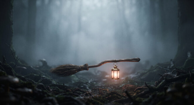 Magical witch broomstick with a glowing lantern floating in a misty dark halloween forest