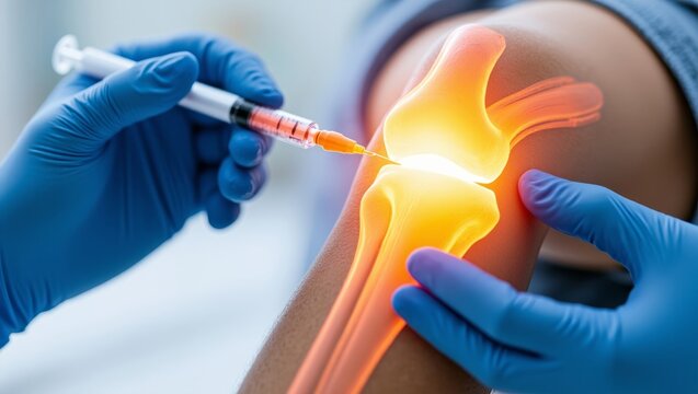 Healthcare worker performing an intra articular injection into a patient's knee, providing targeted therapy for joint pain and inflammation
