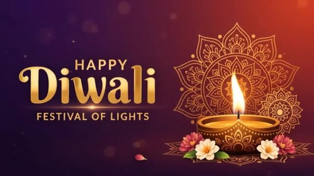 Happy Diwali Festival of Lights with Glowing Diya and Mandala Decor 4k