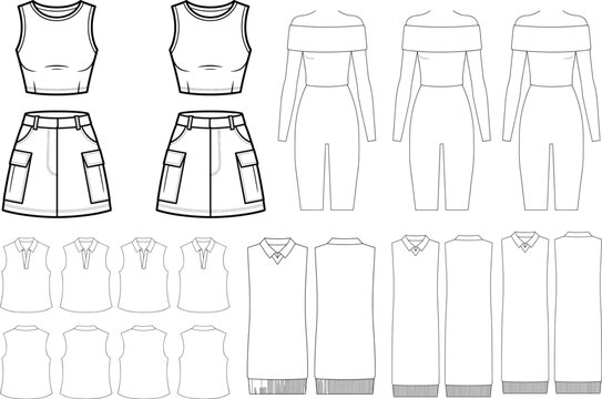 Fashion flat sketch set featuring modern women clothing technical outline vectors for apparel design mockup isolated on white background