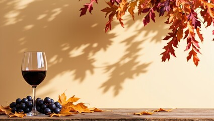 Naklejka premium Red wine glass, dark grapes, and colorful autumn leaves creating a cozy harvest scene with warm light and shadows