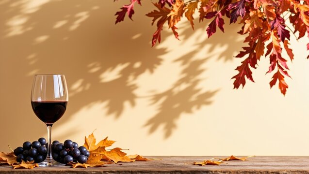 Red wine glass, dark grapes, and colorful autumn leaves creating a cozy harvest scene with warm light and shadows
