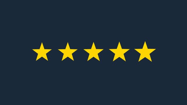 Five yellow stars rating symbol on dark blue background motion animation