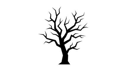 Obraz premium Black silhouette of a dead gnarled tree with jagged leafless branches isolated on a white background, perfect for Halloween, winter, or horror concept designs in a flat vector style.
