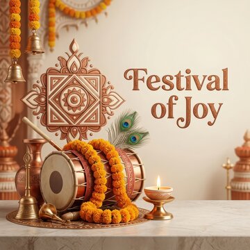 Traditional indian percussion drum dholak with marigold garlands and glowing oil lamp for cultural festival celebration.