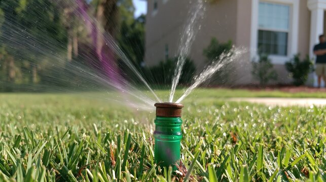 A lawn sprinkler sprays water in a residential yard.